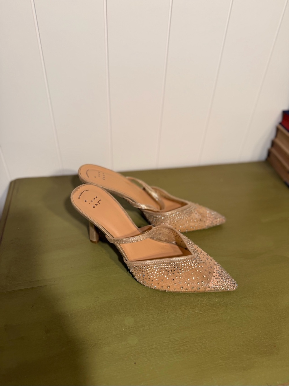 A New Day Rhinestone Mesh Mule Heels – Champagne/Gold | Women’s Size 10